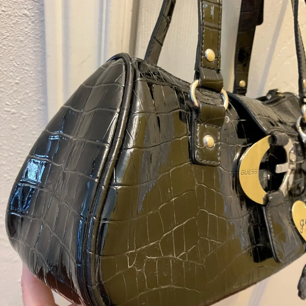 Y2K GUESS 2000s Black Croc Embossed Shoulder Bag